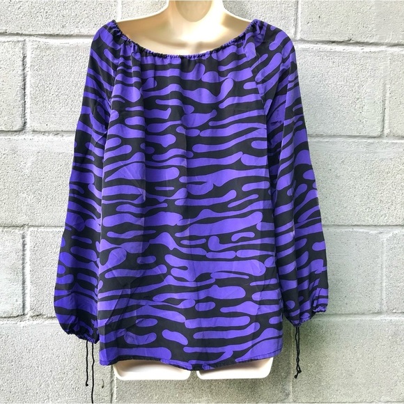 ANTHRO WHAT GOES AROUND COMES AROUND S Zebra Print Silk Blouse Black On Purple - Picture 7 of 9
